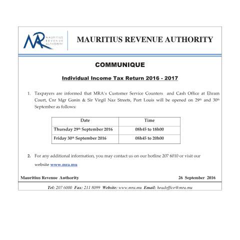 Document preview: E-Filing 2016-2017 : Closing Hours (26.09.16) — Document, Mauritius (CERFA n°ClosingHours280916)