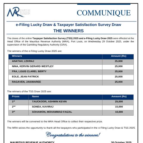 Document preview: e-Filing Lucky Draw &amp; Taxpayer Satisfaction Survey Draw : List of Winners (30.10.25) — Reference, Mauritius (CERFA n°Draws301025)