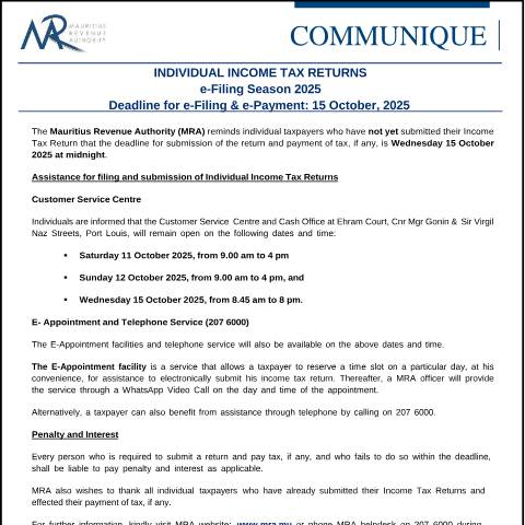 Document preview: e-Filing Season 2025 - Deadline for e-Filing &amp; e-Payment: 15 October, 2025 (09.10.25) — Notice / Circular, Mauritius (CERFA n°Communique091025)