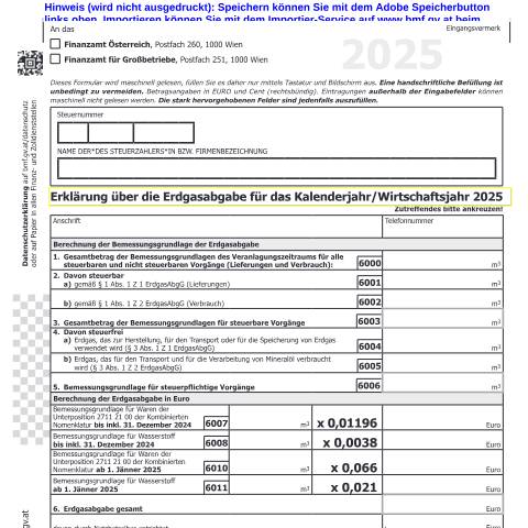 Dokumentvorschau: EGA1 — Erklärung über die Erdgasabgabe für das Kalenderjahr/Wirtschaftsjahr 2025 — Steuern, Österreich (CERFA n°EGA1)