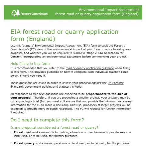 Document preview: EIA forest road or quarry application form — Forestry Commission, United Kingdom