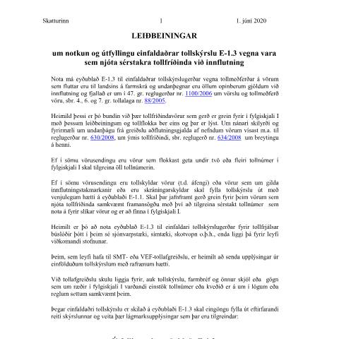 Document preview: .3 Einfaldari tollskýrsla - innflutningur Leiðbeiningar TS-E1.3 — Tollamál, Ísland (CERFA n°TS-E1)