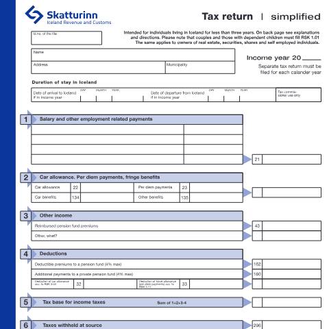 Document preview: Simplified tax return for individuals - — Forms, Ísland (CERFA n°RSK 1.13)