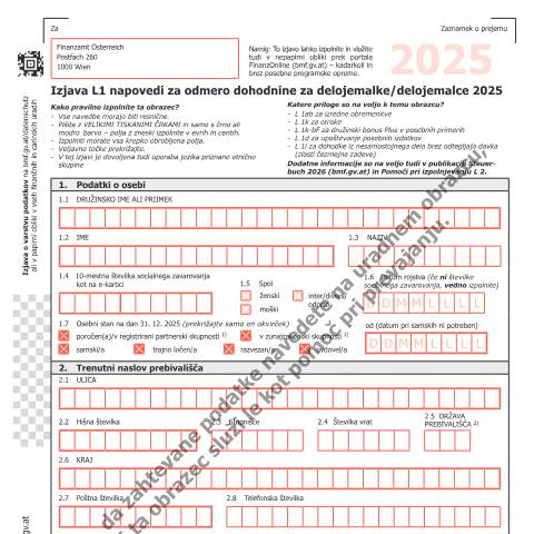 Dokumentvorschau: L1-SL — Izjava L1 k napovedi za odmero dohodnine za delojemalke/delojemalce 2025 — Steuern, Österreich (CERFA n°L1-SL)