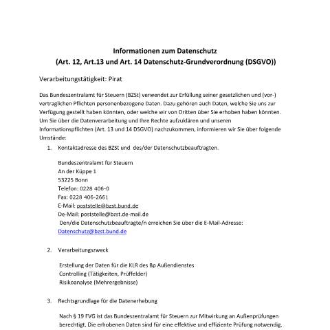 Dokumentvorschau: Pirat — BZSt/Informationen_zum_Datenschutz, Deutschland (CERFA n°Pirat)