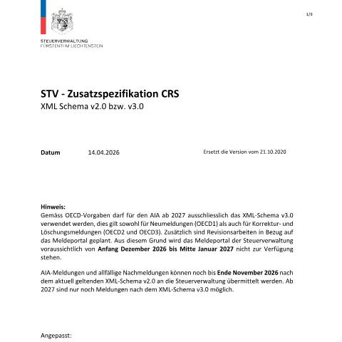 Dokumentvorschau: XML Zusatzspezifikation CRS — Internationaler Informationsaustausch, Liechtenstein (CERFA n°aia-xml-zusatzspezifikation-crs)