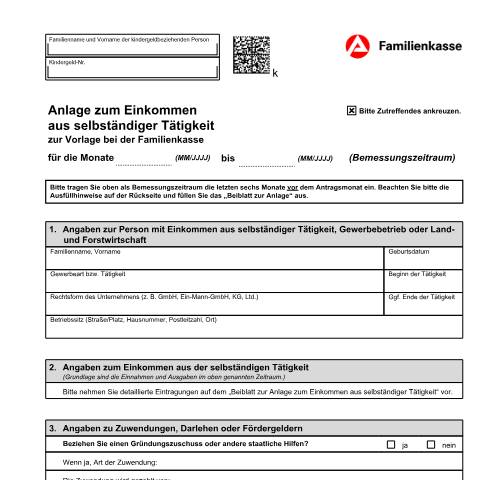 Dokumentvorschau: erklaerung-kiz5a_ba034555 — Öffnet in neuem Tab Anlage zum Einkommen aus selbständiger Tätigkeit (KiZ 5a) Formular zur Angabe des Einkommens bei Selbstständigen. Zu verwenden für Antragsteller/Partner(in) und Kinder. pdf | 1.51 MB | barrierefrei — Familienkasse/erklaerung, Deutschland (CERFA n°erklaerung-kiz5a_ba034555)
