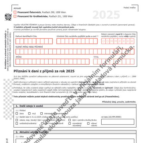 Dokumentvorschau: E1-CS — Přiznání k dani z příjmů za rok 2025 — Steuern, Österreich (CERFA n°E1-CS)
