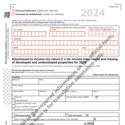 Dokumentvorschau: E1b-UK — Attachment to income tax return E 1 for income from rental and leasing of developed and undeveloped properties for 2024 — Steuern, Österreich (CERFA n°E1b-UK)