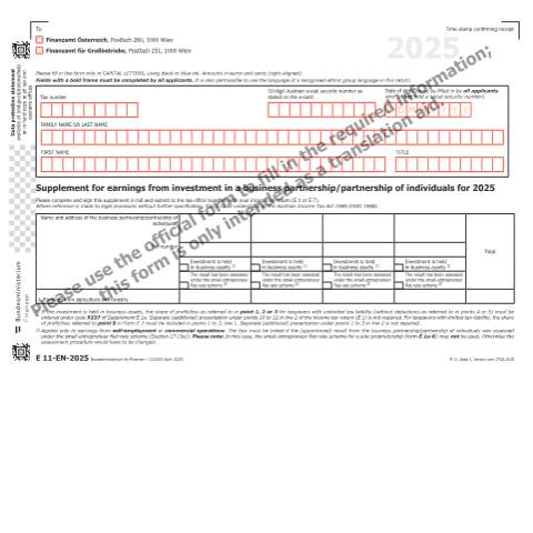 Dokumentvorschau: E11-EN — Supplement for earnings from investment in a business partnership/partnership of individuals for 2025 — Steuern, Österreich (CERFA n°E11-EN)
