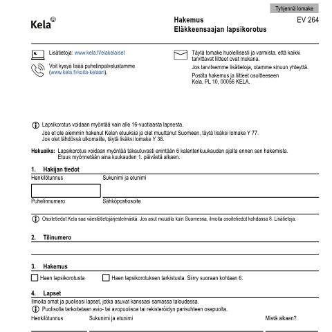 Document preview: Hakemus - Eläkkeensaajan lapsikorotus — Eläkkeellä, Suomi (CERFA n°Kela EV 264)