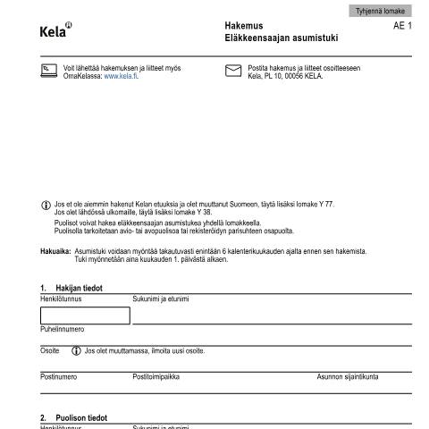 Document preview: Hakemus - Eläkkeensaajan asumistuki — Asuminen, Suomi (CERFA n°Kela AE 1)