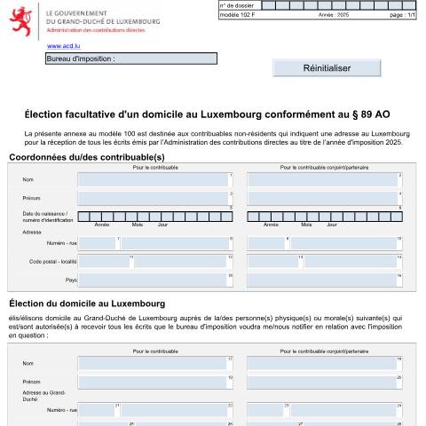 Aperçu du document Élection facultative d'un domicile au Luxembourg conformément au §89 AO — Annexes, Luxembourg (CERFA n°102 F)