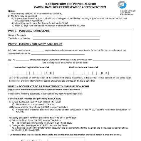 Document preview: Election Form for Enhanced Carry-back Relief System - Individuals (Budget 2021) — IRAS / Employees, Singapore (CERFA n°ELECTION-FORM-FOR-CB-SYSTEM-2021)