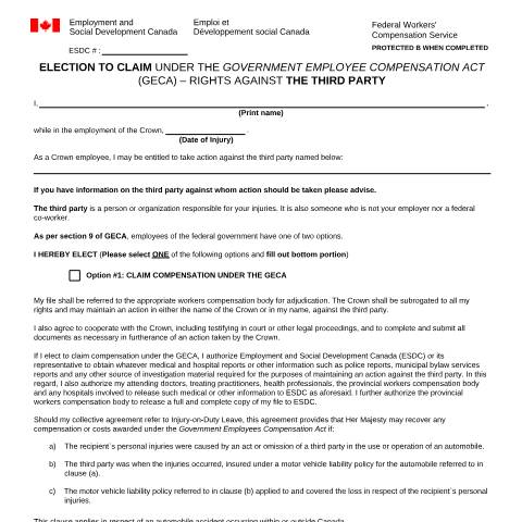 Document preview: Election to Claim Under the Government Employees Compensation Act (GECA) – Rights Against the Third Party — Labour, Canada (CERFA n°LAB1192)