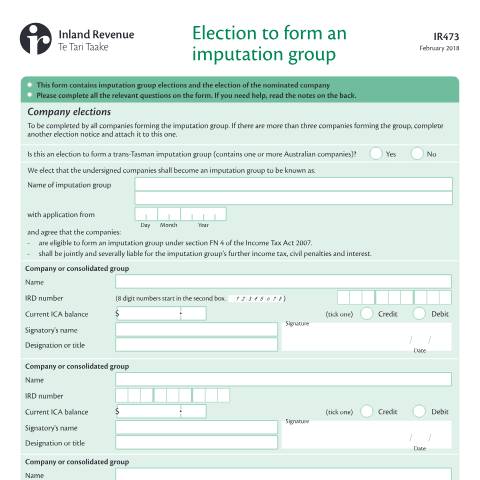 Document preview: Election to form an imputation group — Income tax, New Zealand (CERFA n°IR473)