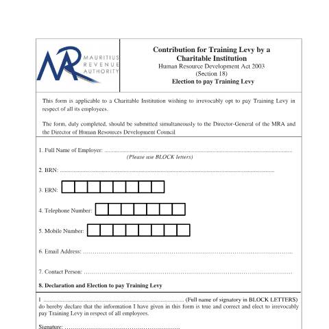 Document preview: Election to pay training levy Form — Form, Mauritius (CERFA n°TrainingLevyForm)