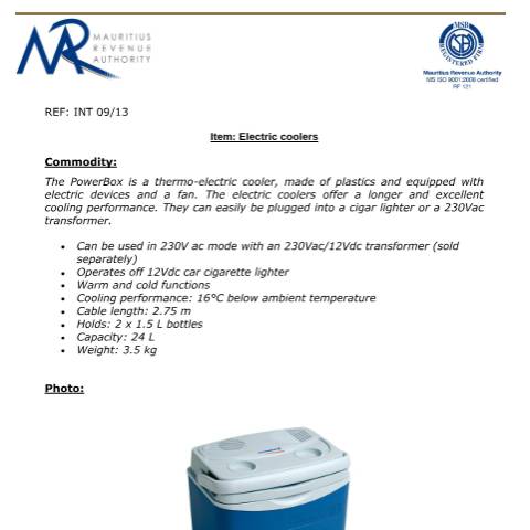 Document preview: Classification for Electric Cooler — Document, Mauritius (CERFA n°ElectricCooler)