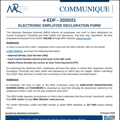Document preview: Electronic Employee Declaration Form (e-EDF) 2020/21 (25.08.20) — Form, Mauritius (CERFA n°CommuniqueEDF)