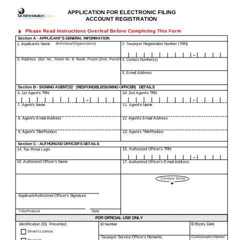 Document preview: Electronic Filing Account Registration — Form, Jamaica (CERFA n°app_electronic_filing)