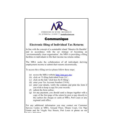 Document preview: Electronic Filing of Individual Tax Returns (12.09.2008) — Form, Mauritius (CERFA n°communiqueEfiling_150908)