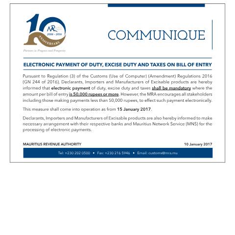 Document preview: Electronic Payment of Duty, Excise Duty and Taxes on Bill of Entry (10.01.17) — Document, Mauritius (CERFA n°ePayment100116)