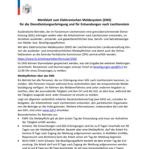 Dokumentvorschau: AVW Merkblatt zum Elektronischen Meldesystem (EMS) für die Dienstleistungserbringung und für Entsendungen nach Liechtenstein — Ausländer-/Passamt — Dienstleistungserbringung Gdl, Liechtenstein (CERFA n°merkblatt-ems)