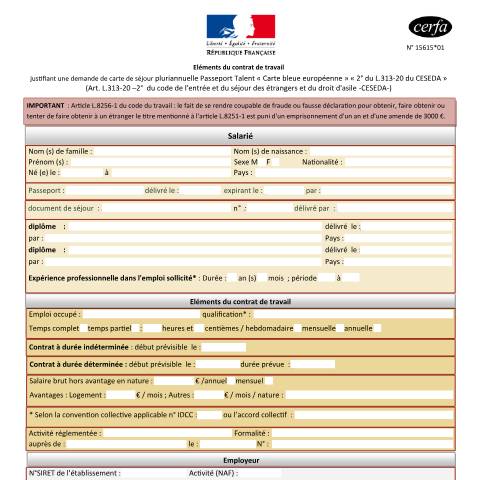 Aperçu du document Éléments du contrat de travail justifiant une demande de carte de séjour pluriannuelle Talent "Carte bleue européenne" — Particuliers, France (CERFA n°15615*01)
