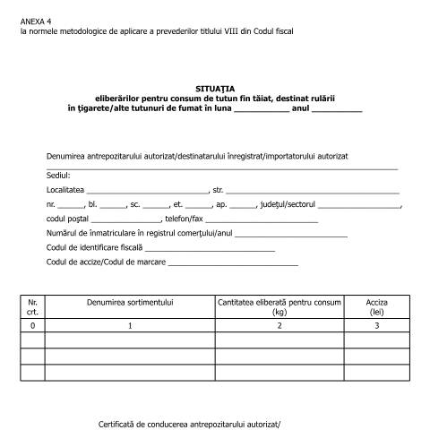 Document preview: Anexa 4 la normele metodologice de aplicare a prevederilor titlului VIII din Codul fiscal - Situația eliberărilor pentru consum de tutun fin tăiat, destinat rulării în țigarete/alte tutunuri de fumat - (HG 1/2016) — Alte documente, România (CERFA n°A4_NMT8CF)