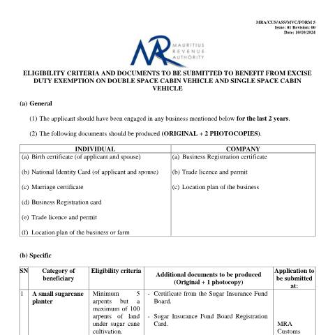 Document preview: Eligibility Criteria and Documents to be submitted — Document, Mauritius (CERFA n°EligibilityForm5)