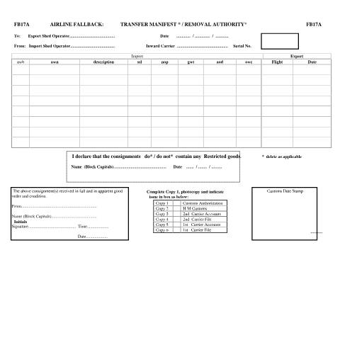 Document preview: EMCS fallback: airline fallback - transfer manifest - removal authority (FB17A) — HM Revenue & Customs, United Kingdom