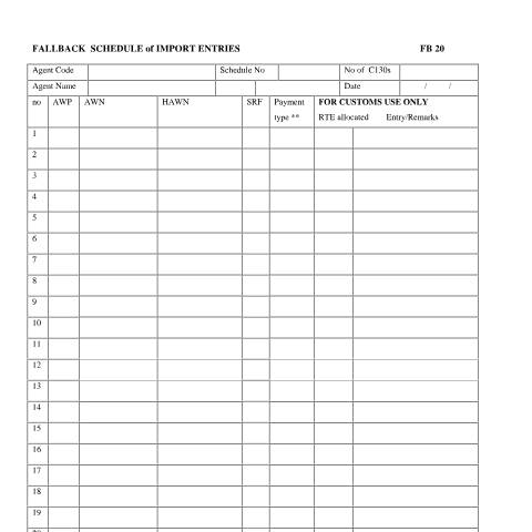 Document preview: EMCS fallback: fallback schedule of import entries (FB20) — HM Revenue & Customs, United Kingdom