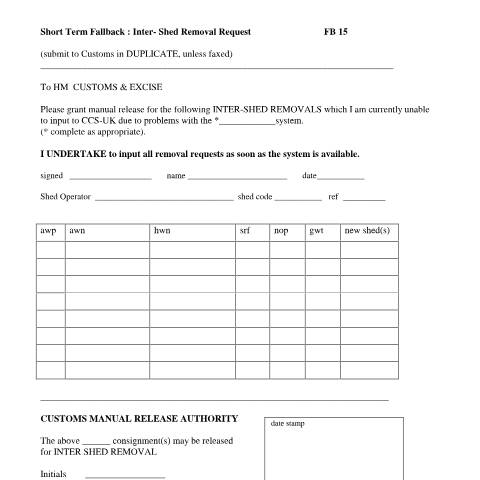 Document preview: EMCS fallback: short term fallback - inter-shed removal request (FB15) — HM Revenue & Customs, United Kingdom
