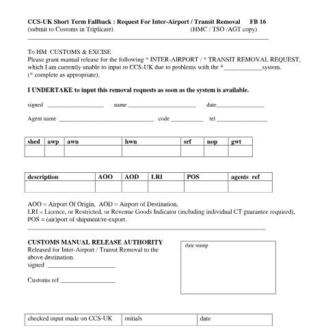 Document preview: EMCS fallback: short term fallback - request for inter-airport or transit removal (FB16) — HM Revenue & Customs, United Kingdom