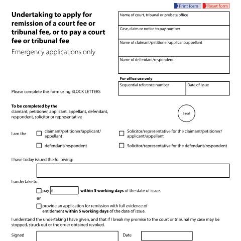Document preview: Undertaking to apply for remission of a court or tribunal fee, or to pay a court or tribunal fee, for emergency applications only: Form EX160B — HM Courts & Tribunals Service, United Kingdom
