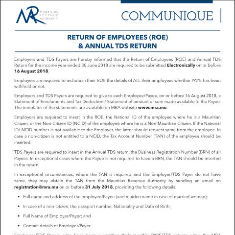 Document preview: Return of Employees (ROE) &amp; Annual TDS Return (13.07.18) — Form, Mauritius (CERFA n°ROE-TDS130718)
