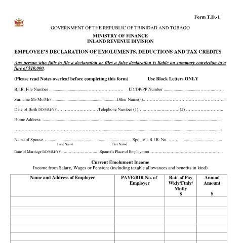 Document preview: [TD 1] Employee's declaration of emoluments, deductions and tax credits — Form, Trinidad & Tobago (CERFA n°TD1)