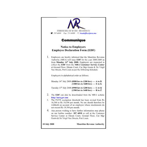 Document preview: Notice to Employers - Employee Declaration Form (EDF) 2008/2009 (10.07.2008) — Form, Mauritius (CERFA n°communiqueEDF090708)