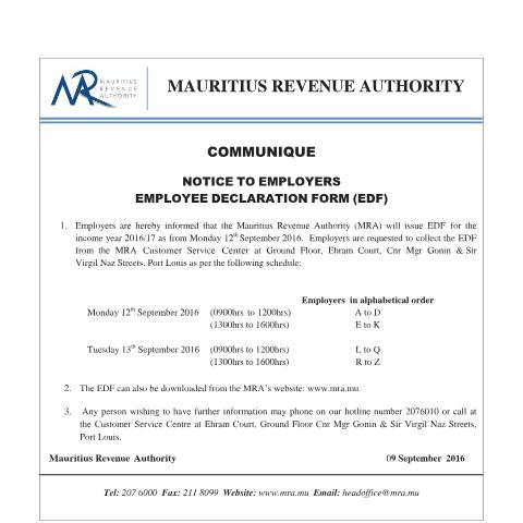 Document preview: Notice To Employers : Employee Declaration Form (EDF) (09.09.16) — Form, Mauritius (CERFA n°EDFCommunique090916)