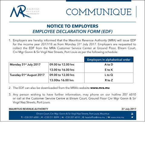 Document preview: Notice to Employers - EDF (27.07.17) — Document, Mauritius (CERFA n°EDF270717)