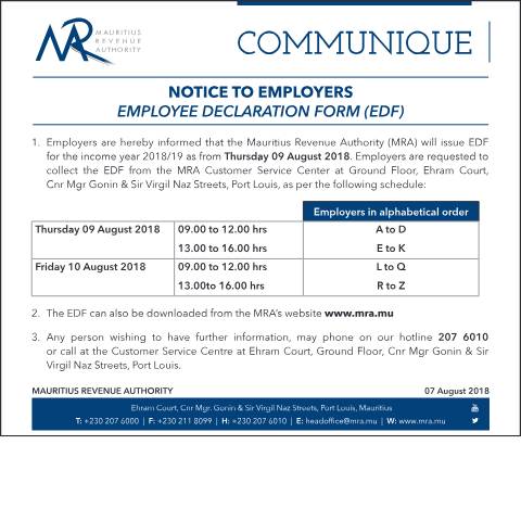 Document preview: Employee Declaration Form (EDF) (07.08.18) — Form, Mauritius (CERFA n°EDF070818)