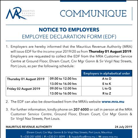 Document preview: Employee Declaration Form (EDF) (24.07.19) — Form, Mauritius (CERFA n°CommuniqueEDF1920)