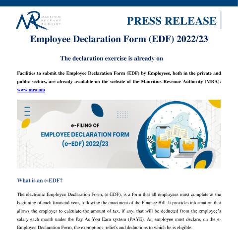 Document preview: Employee Declaration Form (EDF) 2022/23 (10.08.22) — Form, Mauritius (CERFA n°PressReleaseEDF100822)