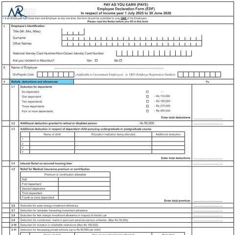 Document preview: EDF 2025 / 26 — Document, Mauritius (CERFA n°EDFForm)