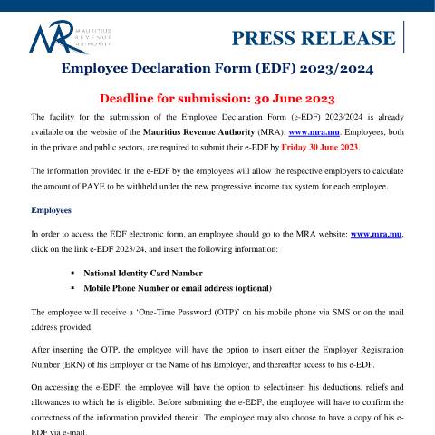 Document preview: Deadline for submission: 30 June 2023 (20.06.23) — Document, Mauritius (CERFA n°PressReleaseEDF200623)