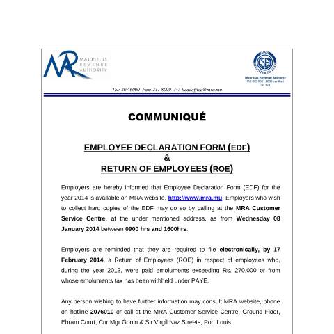 Document preview: Employee Declaration Form EDF - 07.01.14) — Form, Mauritius (CERFA n°EDF_070114)
