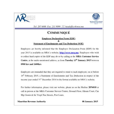 Document preview: Employee Declaration Form (EDF) &amp; Statement of Emoluments and Tax Deduction (SOE) (12.01.15) — Form, Mauritius (CERFA n°EDFCommunique120114)