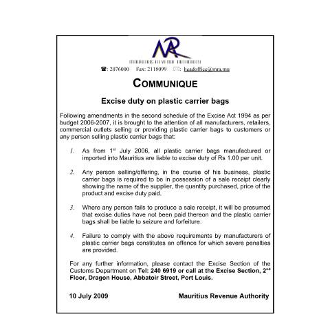 Document preview: Employee Declaration Form (13.08.2009) — Form, Mauritius (CERFA n°Communique_Plastics_Bags13.07.09)
