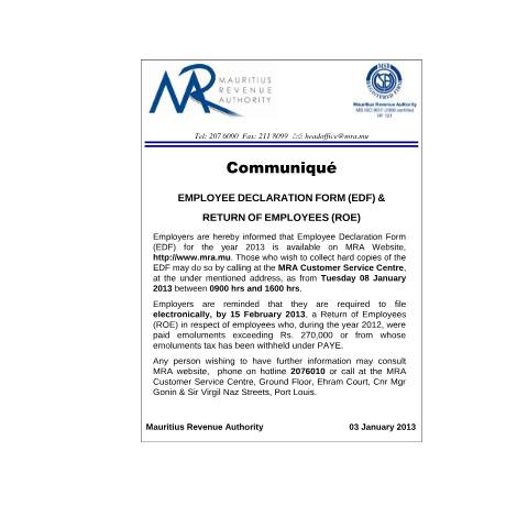 Document preview: EDF &amp; Return of Employees (ROE)&nbsp; (03.01.2013) — Form, Mauritius (CERFA n°CommuniqueEDFnROE)