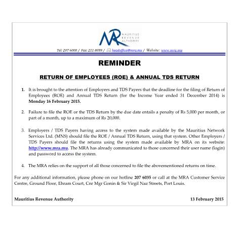 Document preview: Reminder : Return of Employees &amp; Annual TDS Return (13.02.15) — Form, Mauritius (CERFA n°ReminderROETDS130215)